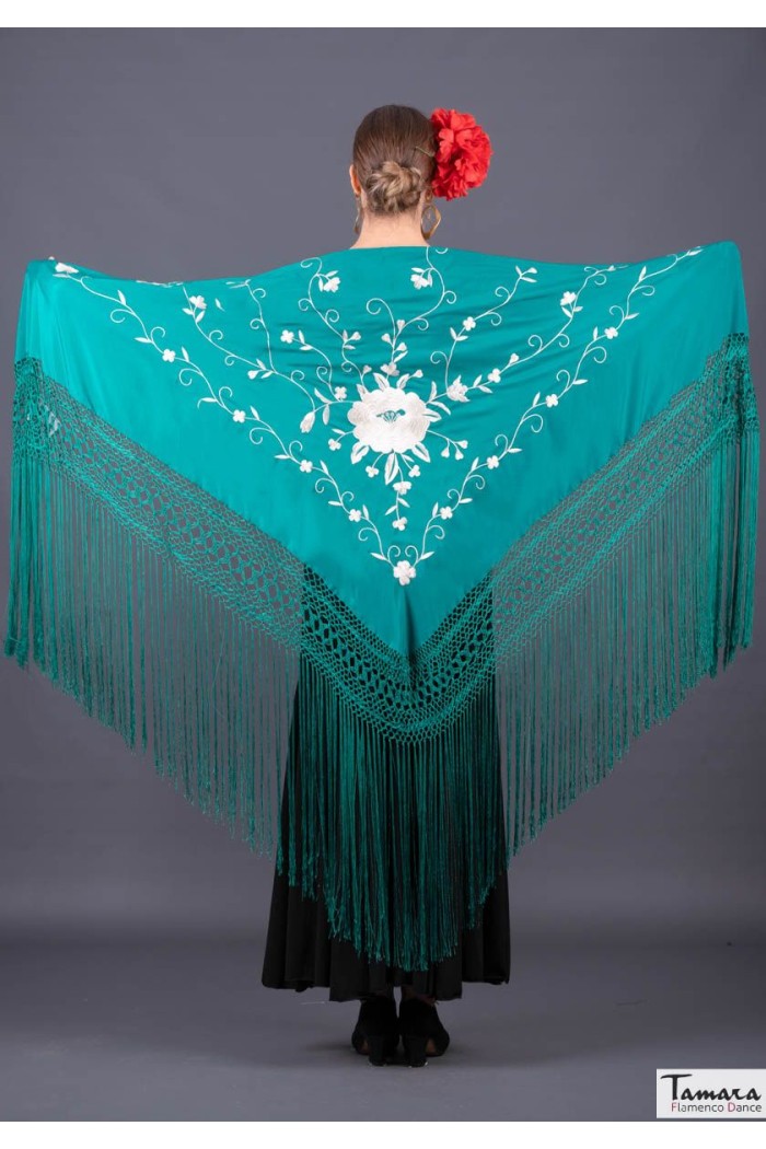  Triangular Embroidered Manila Shawl - IN STOCK model Roma Shawl - White Embroidered Dark Green