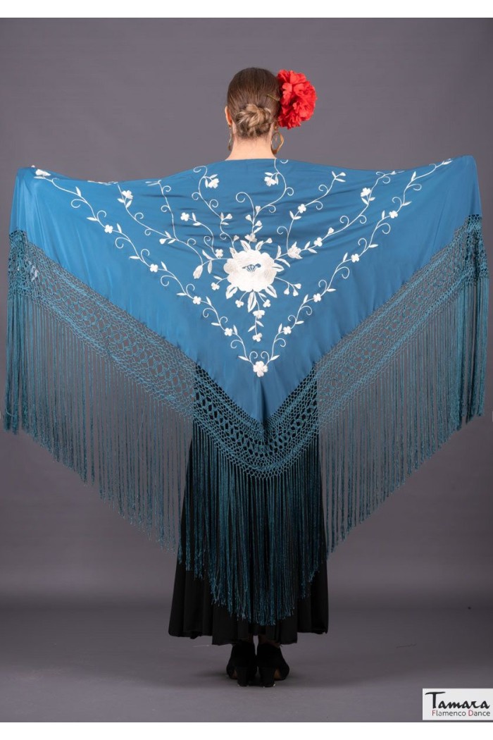  Triangular Embroidered Manila Shawl - IN STOCK model Roma Shawl - White Embroidered Dark Green