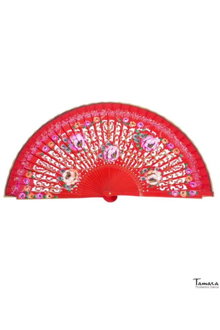 Eventails modèle Eventail espagnol peint (23 cm) - Fleurs Rouge