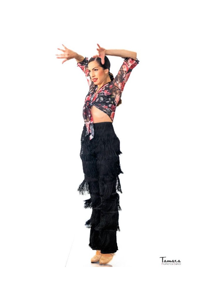 Jupes flamenco FEMME modèle Pantalon flamenco à franges - Tricot extensible Noir