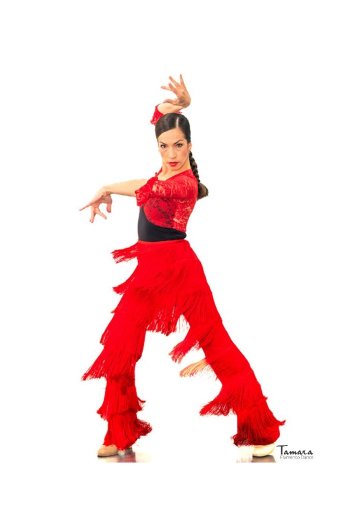 Jupes flamenco FEMME modèle Pantalon flamenco à franges - Tricot extensible Rouge
