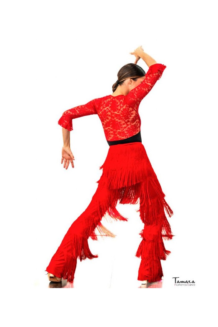 Jupes flamenco FEMME modèle Pantalon flamenco à franges - Tricot extensible Rouge