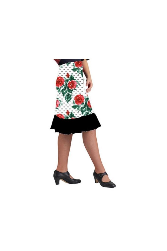  Flamenco skirts WOMAN model Flamenco skirt Pampaneira - Elastic Knit White polka dot black roses 