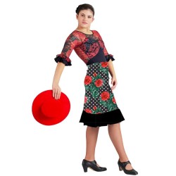 Faldas flamencas MUJER modelo Falda flamenco Pampaneira - Punto Elastico Negro lunar blanco rosas 