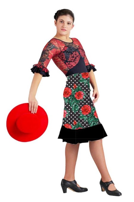 Faldas flamencas MUJER modelo Falda flamenco Pampaneira - Punto Elastico Negro lunar blanco rosas 