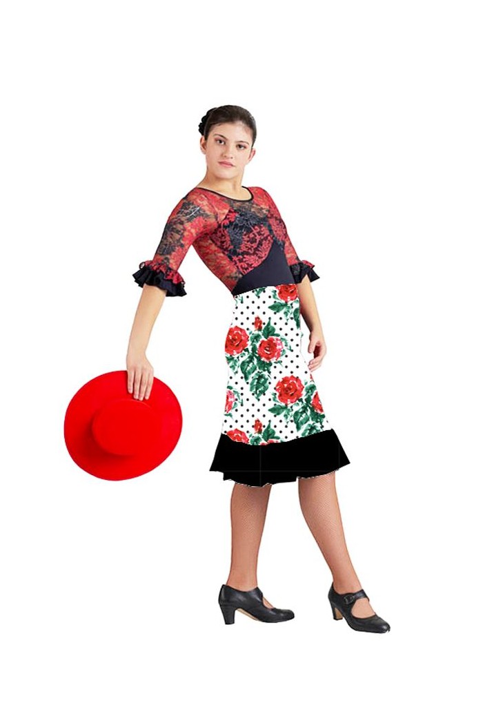  Flamenco skirts WOMAN model Flamenco skirt Pampaneira - Elastic Knit White polka dot black roses 
