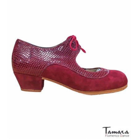 Tamara Flamenco shoes - Professionals model Flamenco shoes Cabales - Bordeaux - Suede & Snake leather - Standard: same material & color - Cubano 3 cm - Wide Bordeaux