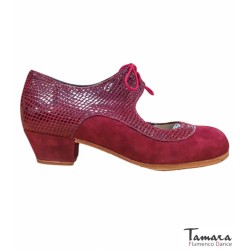 Zapatos de flamenco Profesionales Tamara modelo Zapatos de flamenco Cabales - Burdeos - Ante y Serpiente - Mismo material y color - Cubano 3 cm - Ancho especial Burdeos