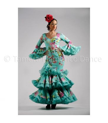 trajes de flamenca 2015 mujer - Roal - Primavera aguamarina con Flores