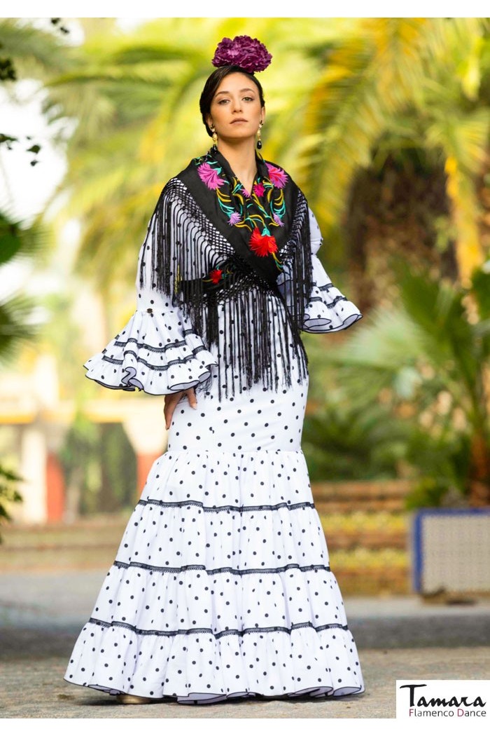 Robes flamenco Roal modèle Robe de flamenco Garlochi Blanc à pois noirs 