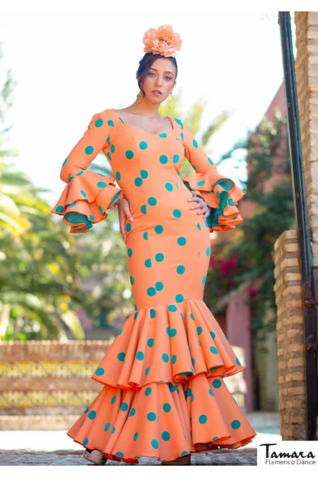 Roal Flamenco dresses | The best Spanish selection model Flamenco dress Tokio orange aquamarine polka dots 
