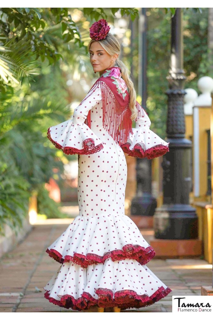 Roal Flamenco dresses | The best Spanish selection model Flamenco dress Esencia ivory burgundy polka dots 