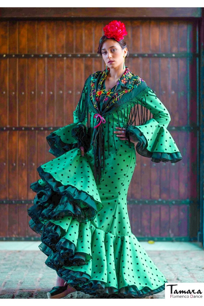 Robes flamenco Roal modèle Robe de flamenco Salome vert noir à pois 
