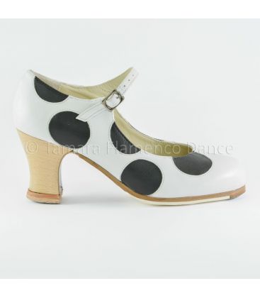 zapatos de flamenco profesionales en stock - Begoña Cervera - Lunares blanco negro tacon madera frontal