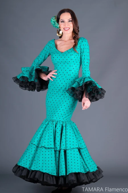 Trajes de Flamenca Aires de Feria modelo Traje de flamenca Mirada Aguamarina lunares negros 