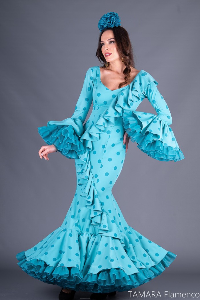 Robes flamenco Aires de Feria modèle Robe de flamenco Manuela Vert d'eau et aigue-marine 