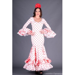 Trajes de Flamenca Aires de Feria modelo Traje de flamenca Albaicín Marfil y Coral lunares 