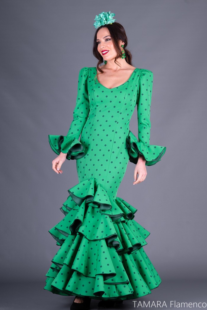 Robes flamenco Aires de Feria modèle Robe Flamenco Alhambra Vert à pois 