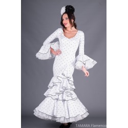 Trajes de Flamenca Aires de Feria modelo Traje de flamenca Marife Blanco lunares negro 