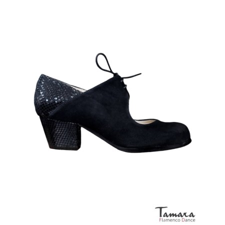 Chaussures professionnelles de flamenco modèle Chaussures de flamenco Arty - Noir - Daim avec détails en peau de serpent - Même matériau et couleur - Cubano 5 cm - Largeur Spécial Noir