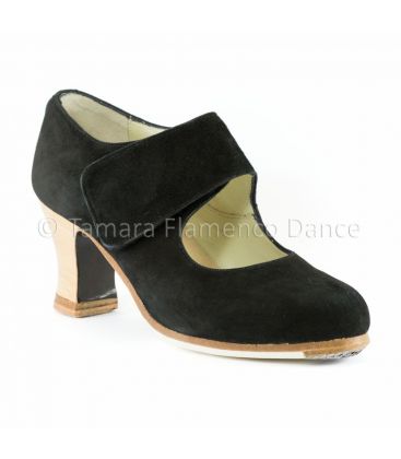 zapatos de flamenco profesionales personalizables - Begoña Cervera - Velcro ante negro y tacon visto frontal