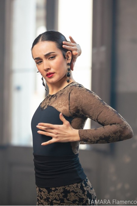 Body/Camiseta flamenca MUJER modelo Body Lustre - Tul elastico con Terciopelo 