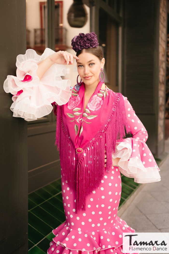Robes Flamenco 2025 Aires de Feria modèle Robe de flamenco Clavel fuchsia à pois blancs 