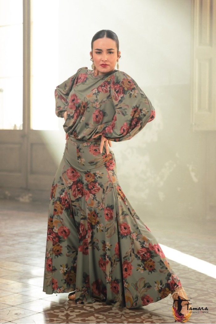 Jupes flamenco FEMME modèle Jupe flamenco Jupe Mirella - Tricot élastique imprimé Floral sur fond vert