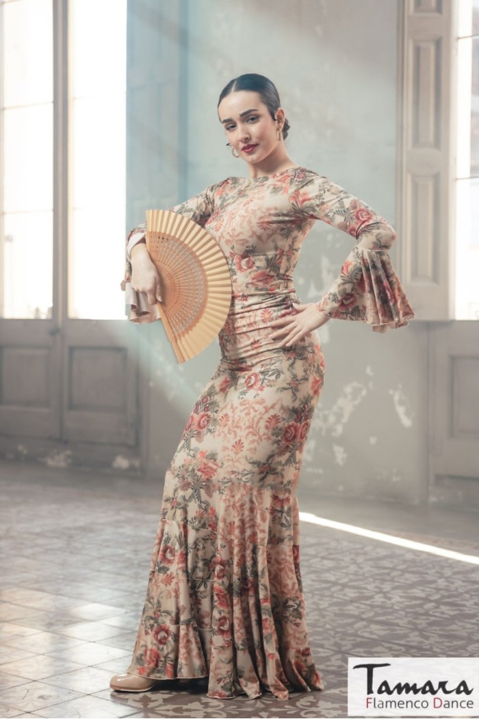  Flamenco skirts WOMAN model Flamenco skirt Mirella skirt - Elastic knit print Floral beige background