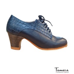 Outlet Zapatos flamencos modelo Zapatos de flamenco Blucher (Talla 33) - Azul Marino - Piel y Cocodrilo - Mismo material y color - Carrete 6cm - Ancho especial Azul Marino