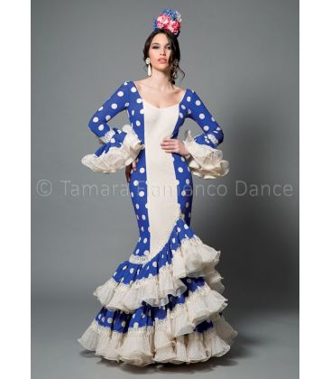 trajes de flamenca 2016 mujer - Aires de Feria - Manuela blanco y azul lunares