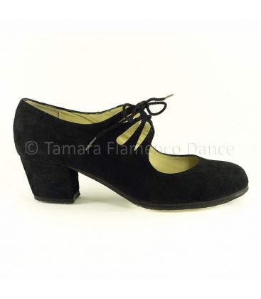 in stock flamenco shoes professionals - Begoña Cervera - Cordonera Calado black suede cuban heel