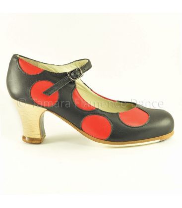 zapatos de flamenco profesionales en stock - Begoña Cervera - Lunares piel negro lunares rojos tacón madera