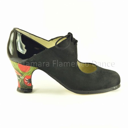 Zapatos de flamenco Profesionales modelo Zapatos de flamenco Arty - Negro - Ante y charol - Pintado a mano: Parrots tulips - Carrete 6cm - Normal Negro