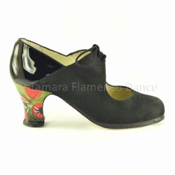 Zapatos de flamenco Profesionales modelo Zapatos de flamenco Arty - Negro - Ante y charol - Pintado a mano: Parrots tulips - Carrete 6cm - Normal Negro