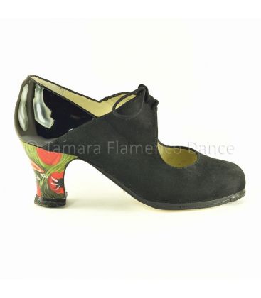 in stock flamenco shoes professionals - Begoña Cervera - Arty black suede with patent leather details and parrots handpainted heel 