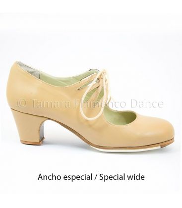 zapatos de flamenco profesionales en stock - Begoña Cervera - Cordonera Calado piel beige ancho especial tacon clasico 5 cm