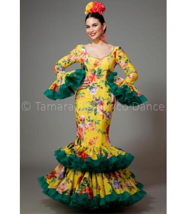 trajes de flamenca 2016 mujer - Aires de Feria - Copla amarillo y verde estamapado flores
