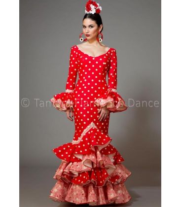 trajes de flamenca 2016 mujer - Aires de Feria - Feria rojo con lunares blancos y estampado
