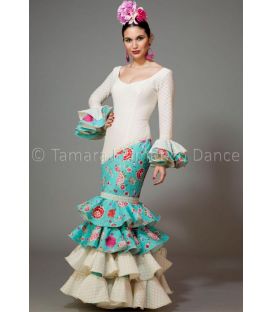 trajes de flamenca 2016 mujer - Aires de Feria - Luna blanco y aguamarina con flores