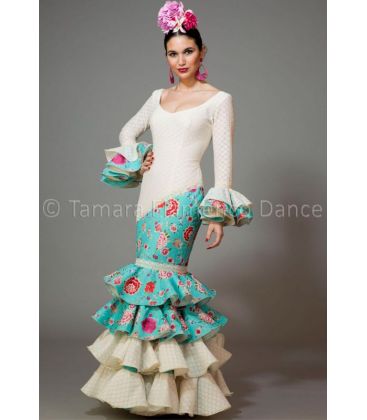 trajes de flamenca 2016 mujer - Aires de Feria - Luna blanco y aguamarina con flores