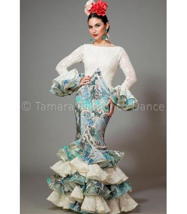 trajes de flamenca 2016 mujer - Aires de Feria - Veronica blanco y estampado agua marina