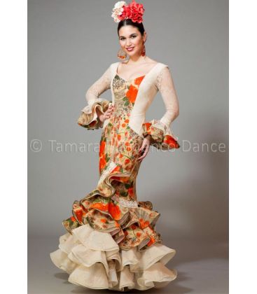 trajes de flamenca 2016 mujer - Aires de Feria - Rosa encaje y estampado de flores naranjas