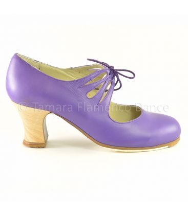 in stock flamenco shoes professionals - Begoña Cervera - Cordonera Calado purple leather wood carrete heel