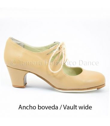 zapatos de flamenco profesionales en stock - Begoña Cervera - Cordonera Calado piel camel tacon clasico 5 cm ancho boveda