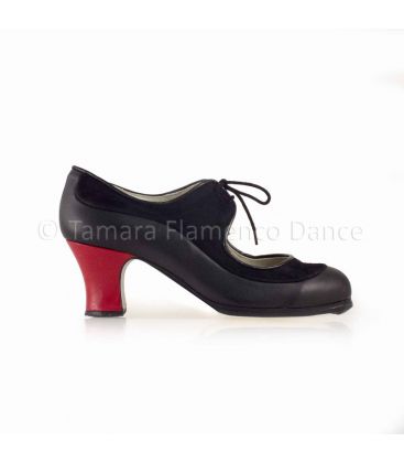in stock flamenco shoes professionals - Begoña Cervera - Angelito black suede black leather red heel carrete 