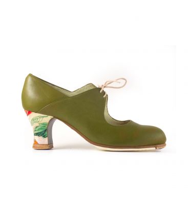 flamenco shoes professional for woman - Begoña Cervera - Arty green leather carrete heel hand painted