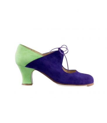 zapatos de flamenco profesionales personalizables - Begoña Cervera - Arty ante morado y verde claro, tacon carrete