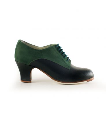 zapatos de flamenco profesionales personalizables - Begoña Cervera - Blucher verde piel y ante tacon carrete