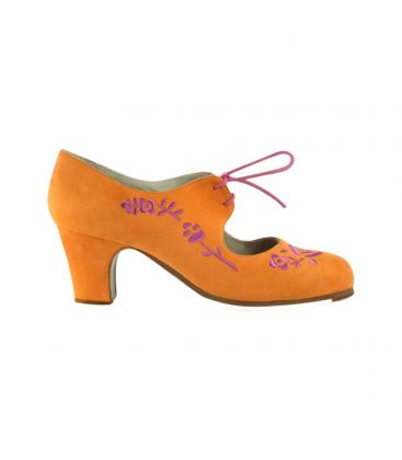 zapatos de flamenco profesionales personalizables - Begoña Cervera - Bordado Cordonera naranja y fucsia ante tacón clasico